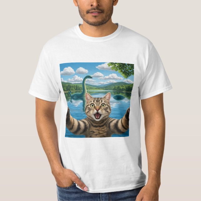 Funny cat selfie with Loch Ness Monster Cool Kitty T-Shirt (Front)