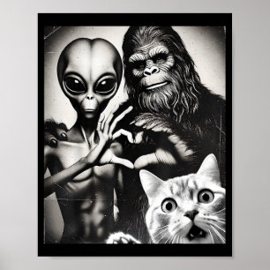 Funny Cat Selfie With Romantic Bigfoot In Love Wit Poster