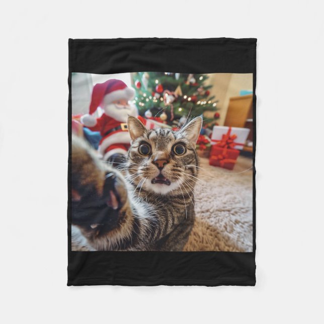 Funny Cat Selfie With Santa Christmas  Fleece Blanket (Front)