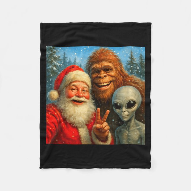 Funny Cat Selfie With Santa Claus &amp; Bigfoot Me Fleece Blanket (Front)