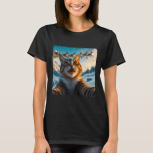 Funny Cat Selfie With Santa Sleigh Christmas Xmas T-Shirt