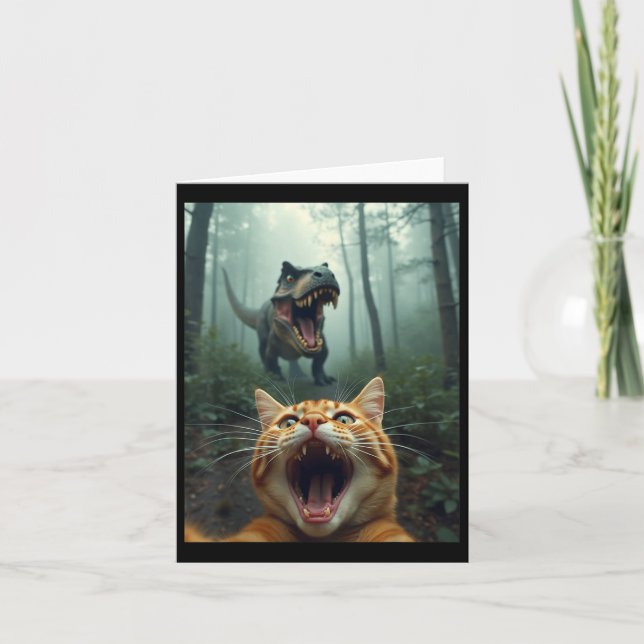 Funny Cat Selfie With T-rex Dinosaur  Card (Front)