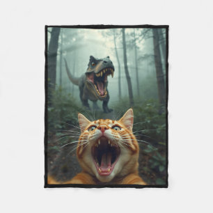 Funny Cat Selfie With T-rex Dinosaur Fleece Blanket