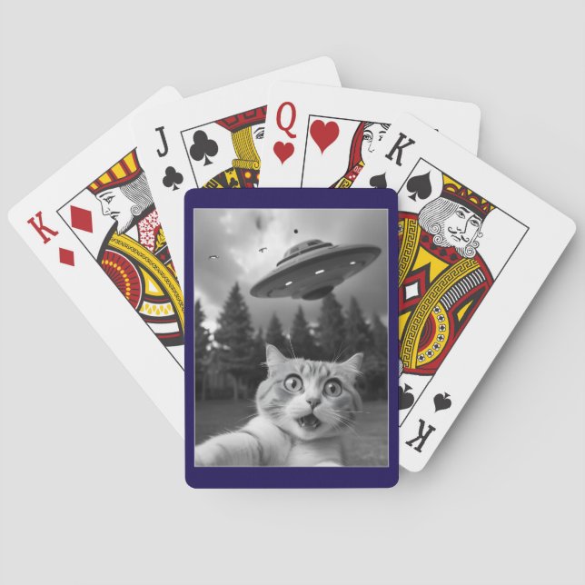 Funny Cat Selfie with UFO Alien Drones Playing Cards (Back)