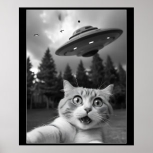 Funny Cat Selfie with UFO Alien Drones Poster