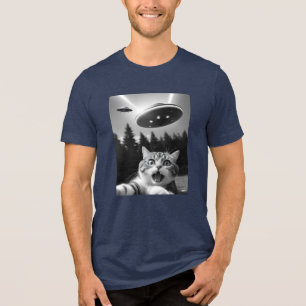 Funny Cat Selfie with UFO Alien Drones Tri-Blend Shirt