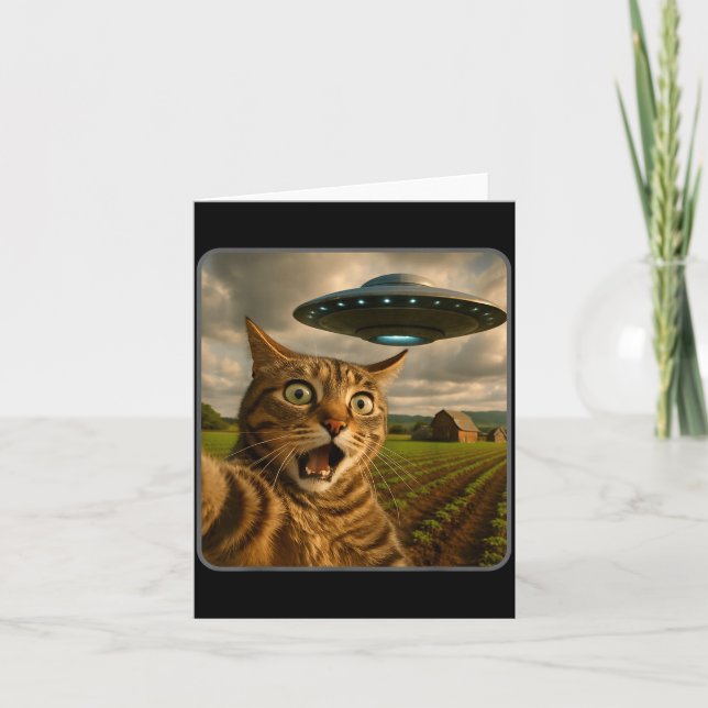 Funny Cat Selfie With Ufo Alien Meme  Card (Front)