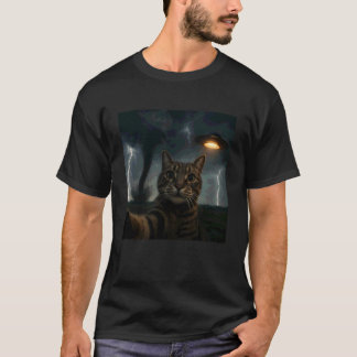 Funny Cat Selfie with UFO Alien Meme Tornado Storm T-Shirt