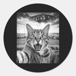 Funny Cat Selfie with UFO Alien Vintage Graphic Classic Round Sticker