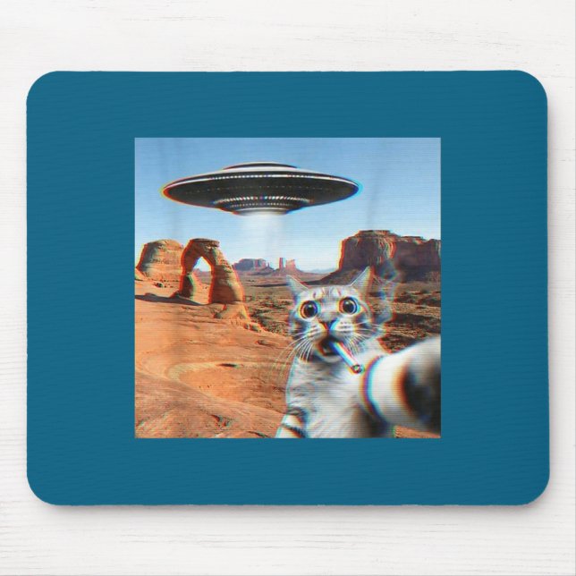 Funny Cat Selfie With Ufo And Cigarette  Mouse Pad (Front)