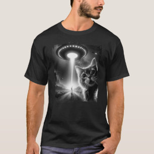 Funny Cat Selfie with UFOs Abduction Aliens T-Shirt