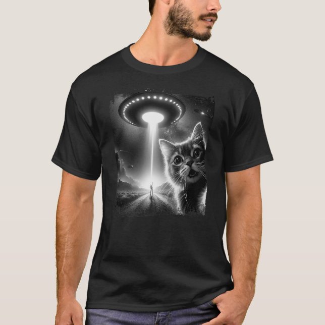 Funny Cat Selfie with UFOs Abduction Aliens T-Shirt (Front)