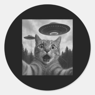Funny Cat Selfie With Ufos Classic Round Sticker