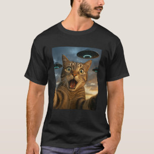 Funny Cat Selfie with UFOs Men Women Kids  T-Shirt