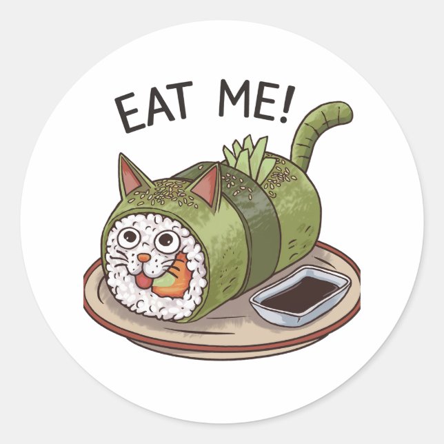 Funny Cat Shaped Sushi Roll Classic Round Sticker (Front)