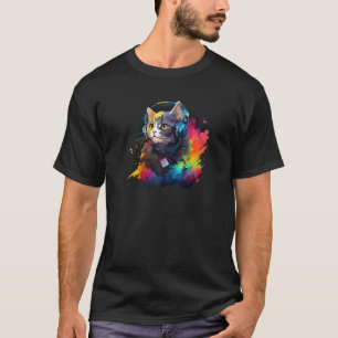 Funny Cat Shirt with Headphones Gamer Music Style 
