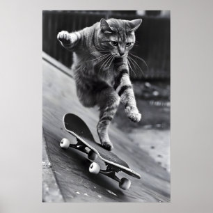 Funny Cat Skateboarding Print Vintage Black