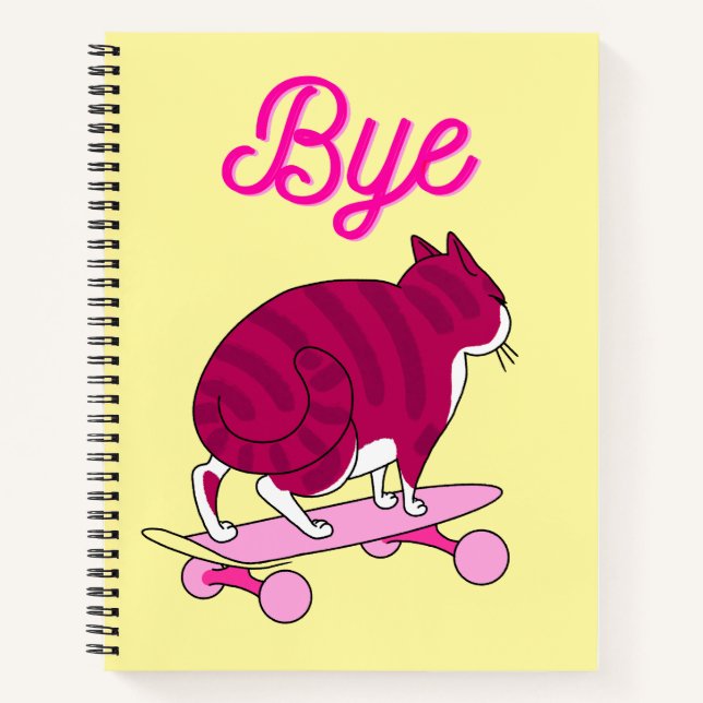 Funny Cat Skating With Pink Text Notebook (Front)