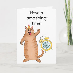 Funny cat smashing time pun cartoon birthday card