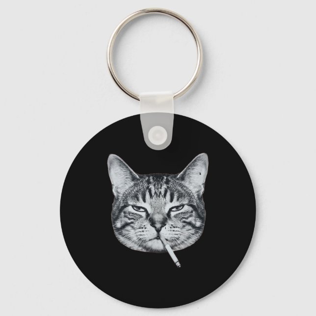 Funny cat smoking cigarette tabby cat meme brainro key ring (Front)