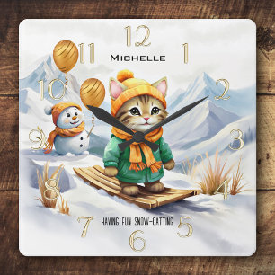 Funny Cat Snowboarding Winter Kids Square Wall Clock