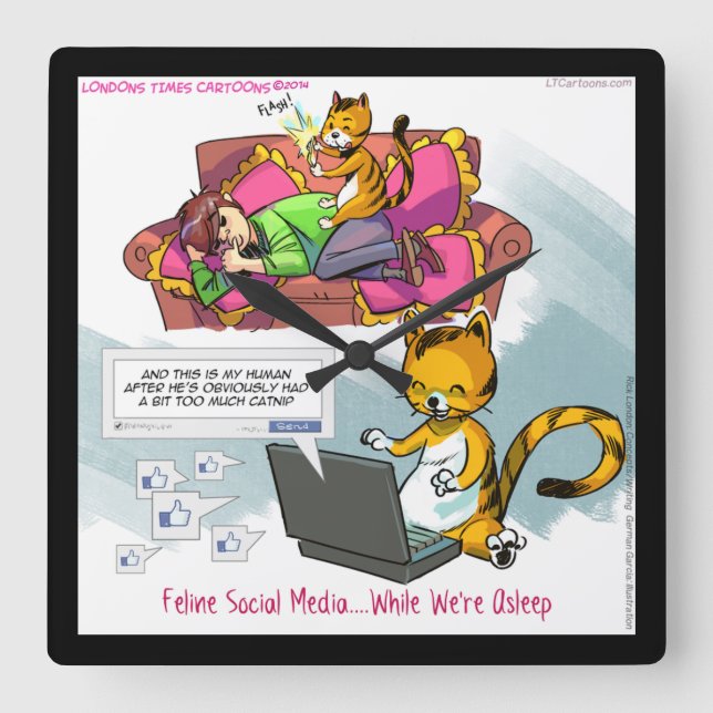 Funny Cat Social Media Square Wall Clock (Front)