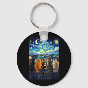 Funny Cat Starry Night Van Gogh Style Rooftop Key Ring