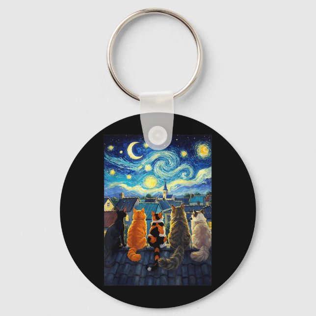 Funny Cat Starry Night Van Gogh Style Rooftop Key Ring (Front)
