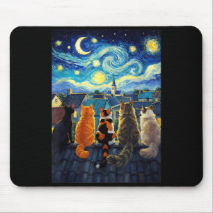 Funny Cat Starry Night Van Gogh Style Rooftop Mouse Pad