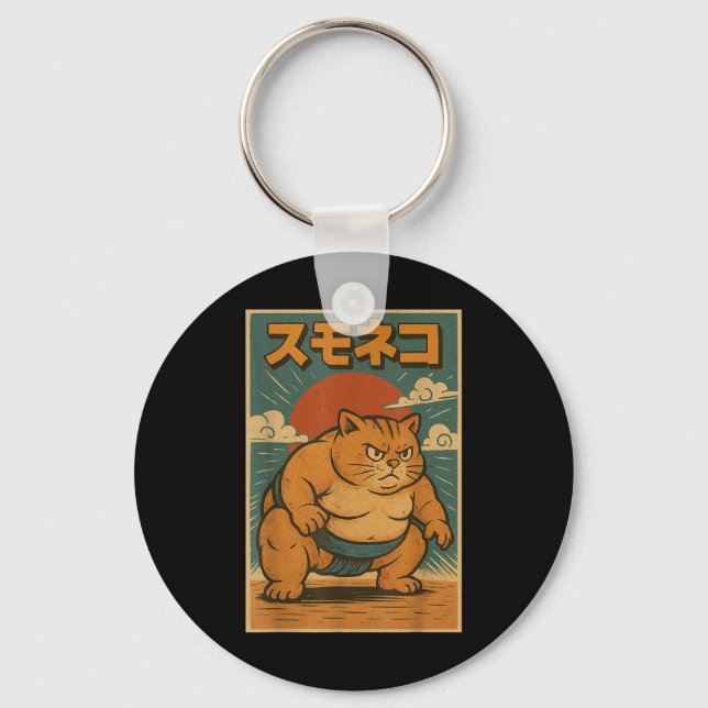 Funny Cat Sumo Wrestler Japanese Art Anime Ukiyo-e Key Ring (Front)