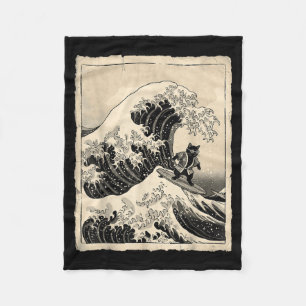 Funny Cat Surfing Japanese Art Kitten Anime Fleece Blanket