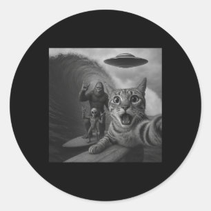 Funny Cat Surfing Selfie With Ufo Giant Wave Alien Classic Round Sticker