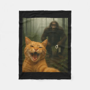 Funny Cat Surprised Happy Selfie With Bigfoot Sasq Fleece Blanket
