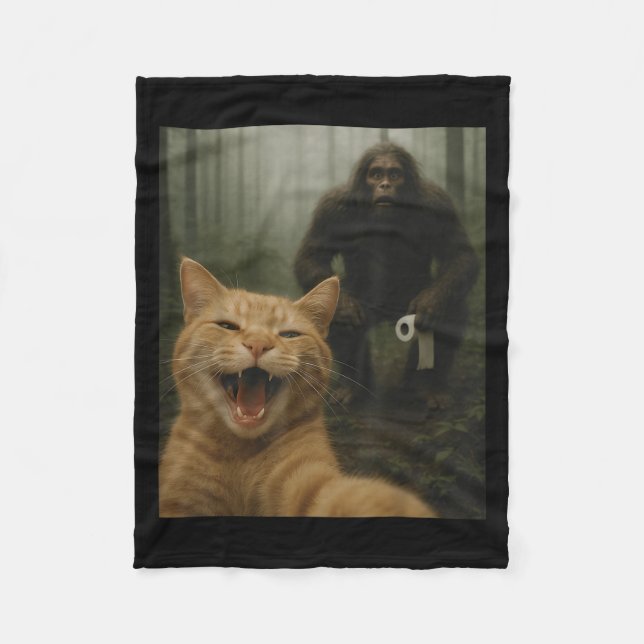 Funny Cat Surprised Happy Selfie With Bigfoot Sasq Fleece Blanket (Front)