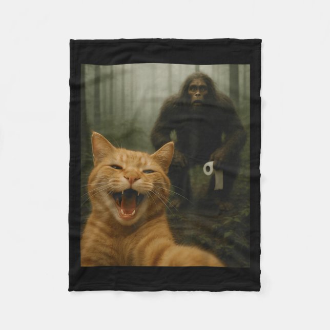 Funny Cat Surprised Happy Selfie With Bigfoot Sasq Fleece Blanket (Front)