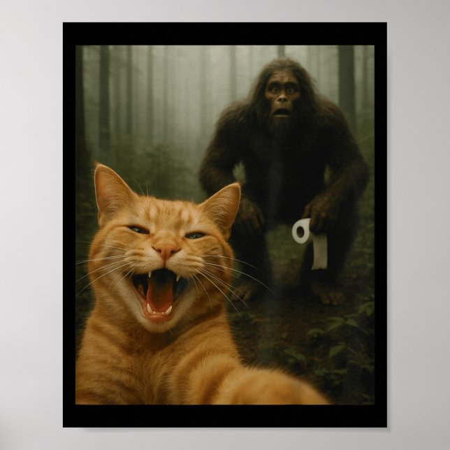 Funny Cat Surprised Happy Selfie With Bigfoot Sasq Poster (Front)