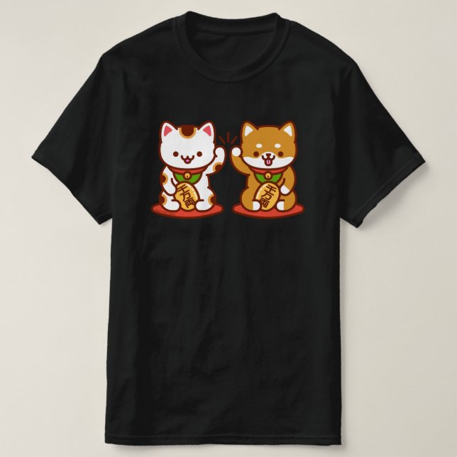 Funny Cat T-Shirt - Maneki-neko High Five (Design Front)