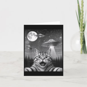 Funny Cat Taking Selfie In A Forest With Ufo Men W Card