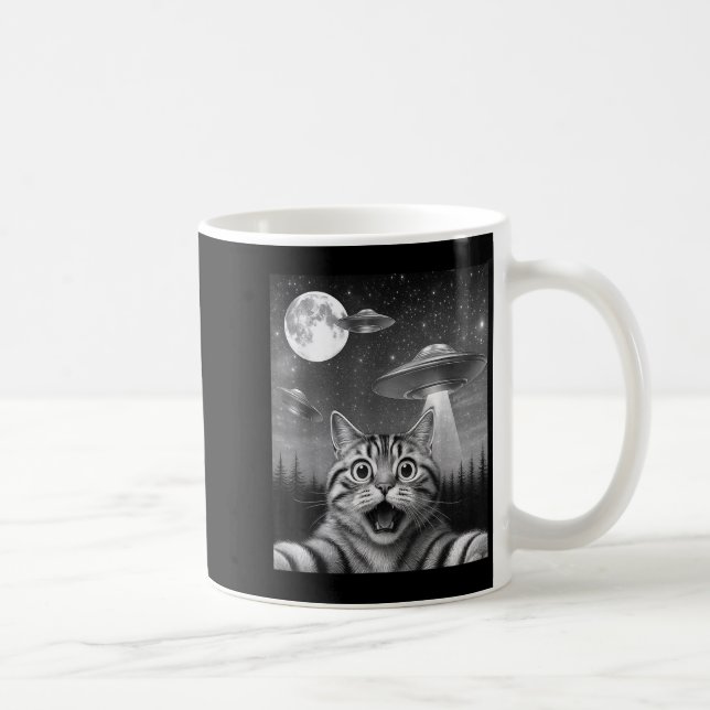 Funny Cat Taking Selfie In A Forest With Ufo Men W Coffee Mug (Right)