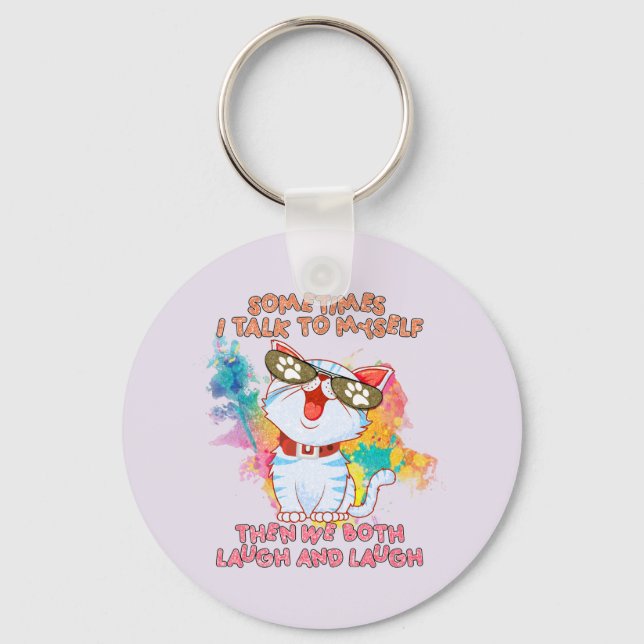 Funny Cat Talking to Itself –Cute and Humourous Ca Key Ring (Front)