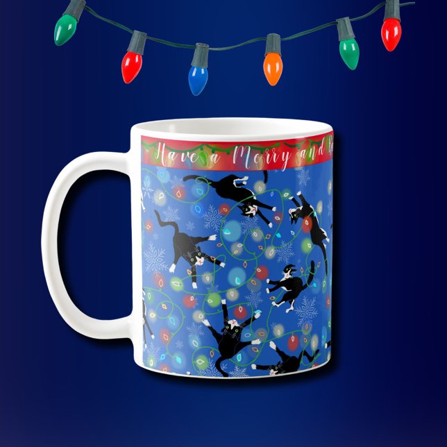 Funny Cat Tangled in Christmas Lights Personalised Coffee Mug (Funny Tuxedo cats tangle with the Christmas lights on this cute personalized holiday mug)