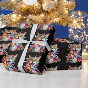 Funny Cat Tangled in Christmas Lights Wrapping Paper