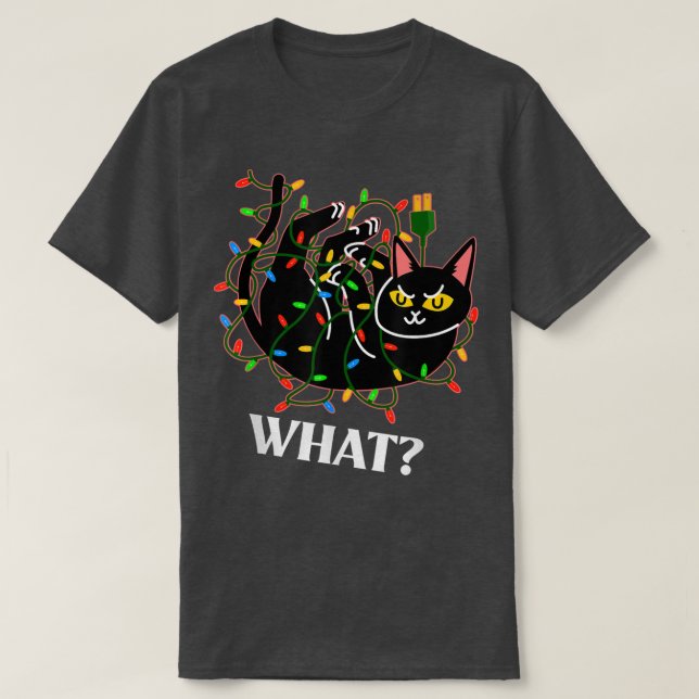 Funny Cat Tangled in Christmas Tree Lights Says WH T-Shirt (Design Front)