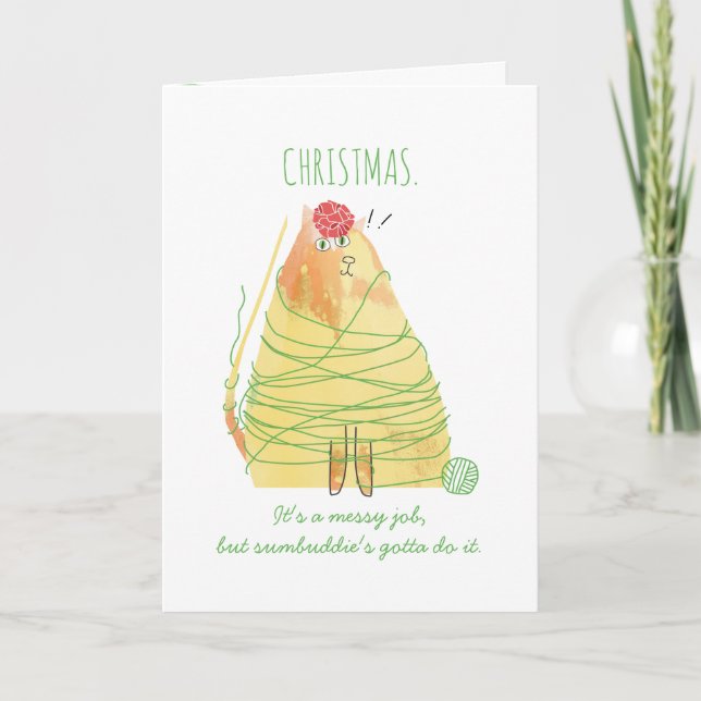 Funny cat tangled yarn knitting crochet Christmas Holiday Card (Front)