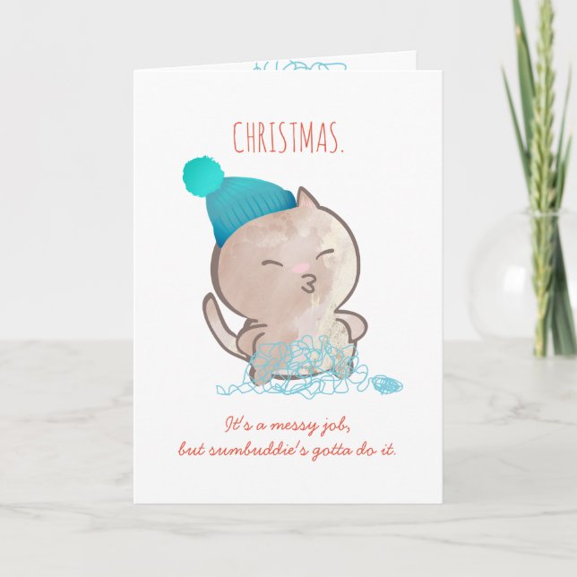 Funny cat tangled yarn knitting crochet Christmas Holiday Card (Front)