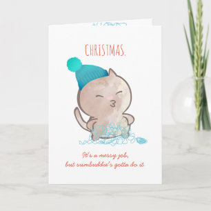 Funny cat tangled yarn knitting crochet Christmas Holiday Card