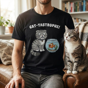 Funny Cat-Tastrophe Kitten Fishbowl Pun Black T-Shirt