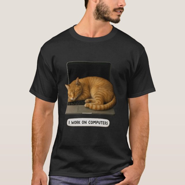 Funny Cat Tech I Work On Computers Lazy Cat Laptop T-Shirt (Front)