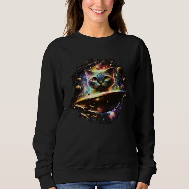 Funny Cat Tee, Galaxy Cat Spaceship Alien Cat 1 Sweatshirt (Front)