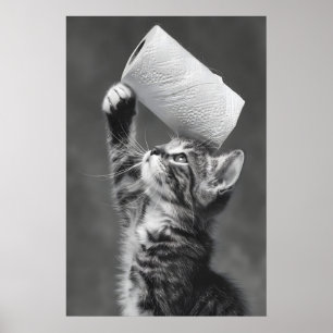 Funny Cat Toilet Paper Roll Art, Whimsical Poster